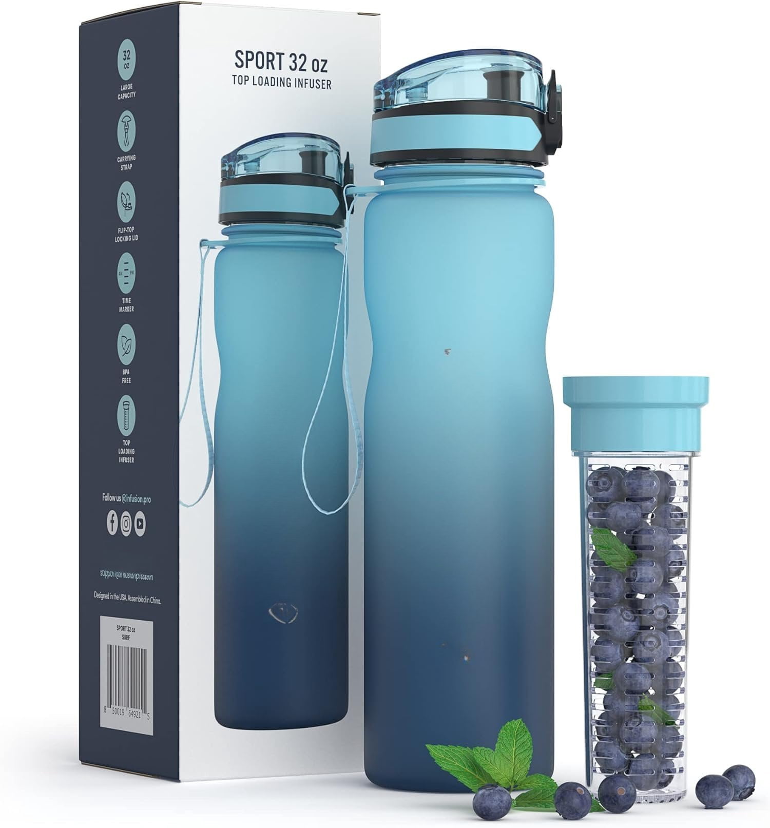 32 oz Fruit Infuser Water Bottle with Time Marker - Flip Top Locking ...