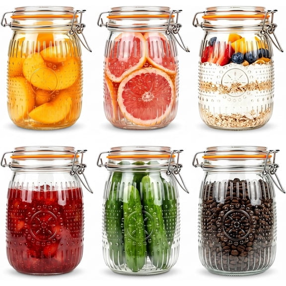 32 oz Glass Jars with Airtight Lids, Wide Mouth Quart Canning Jars, 6 Pack for Food Storage, Fermenting, Coffee, Flour, Snacks