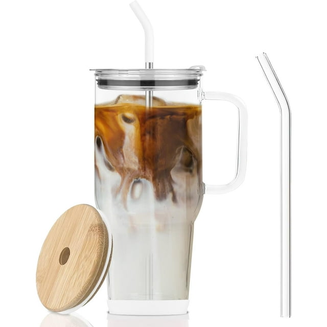 32 oz Glass Tumbler with Straw and Bamboo Lid Large Capacity Water