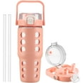 thumbnail image 1 of 32 oz Glass Tumbler with Straw,Glass Water Bottles with Time Marker,Iced Coffee Cup with Silicone Sleeve,Motivational Drinking Bottles,Leakproof-Coral Pink, 1 of 7