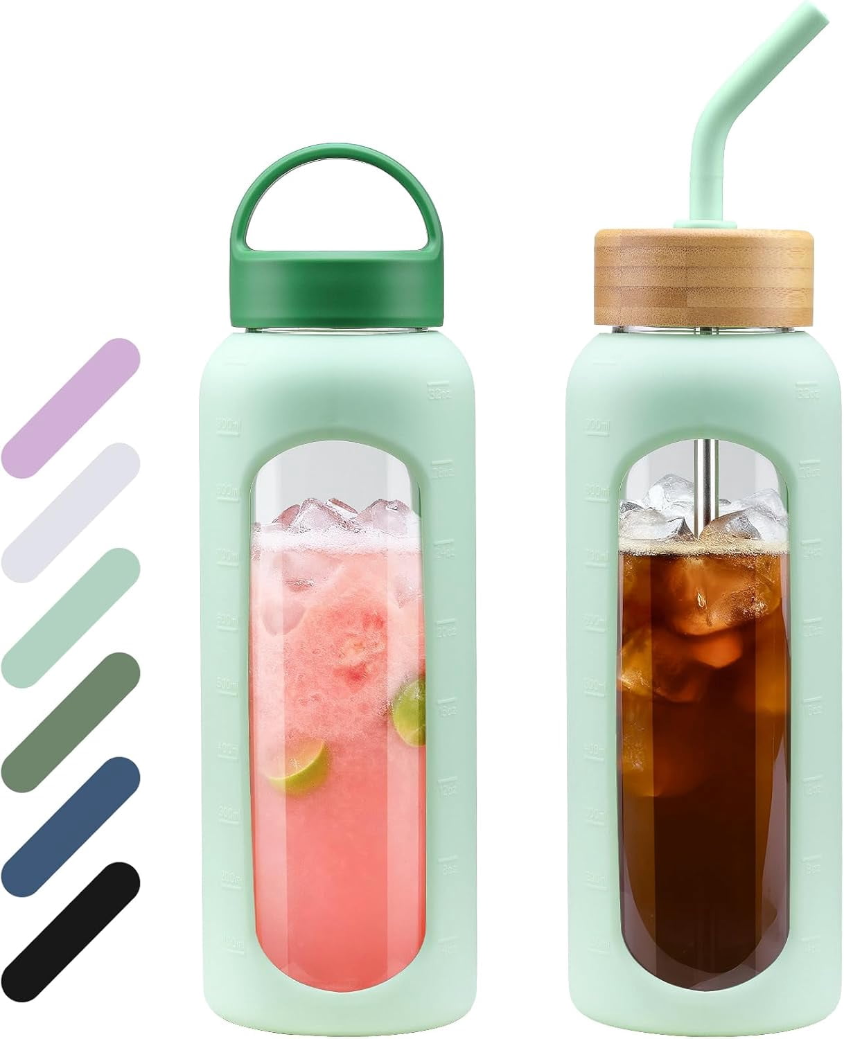 32 oz Glass Water Bottle 1 Liter Tumbler with Straw Reusable Drinking Bottles 2 Lids-Handle Lid&Bamboo Straw Lid Silicone Sleeve for Sports Home 1 Pack-Mustard