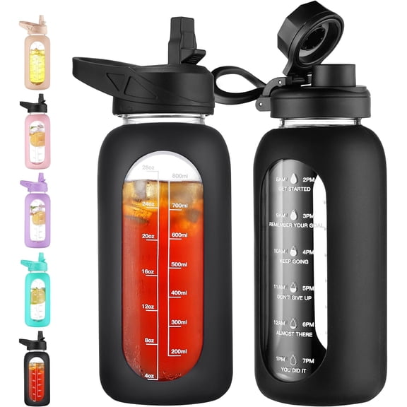 32 oz Glass Water Bottle with Straw and Handle, Large Sports Motivational Water Bottle Flask with Time Marker and 2 Lids, Leakproof Water Jug Canteen with Silicone Sleeve for Gym,Black