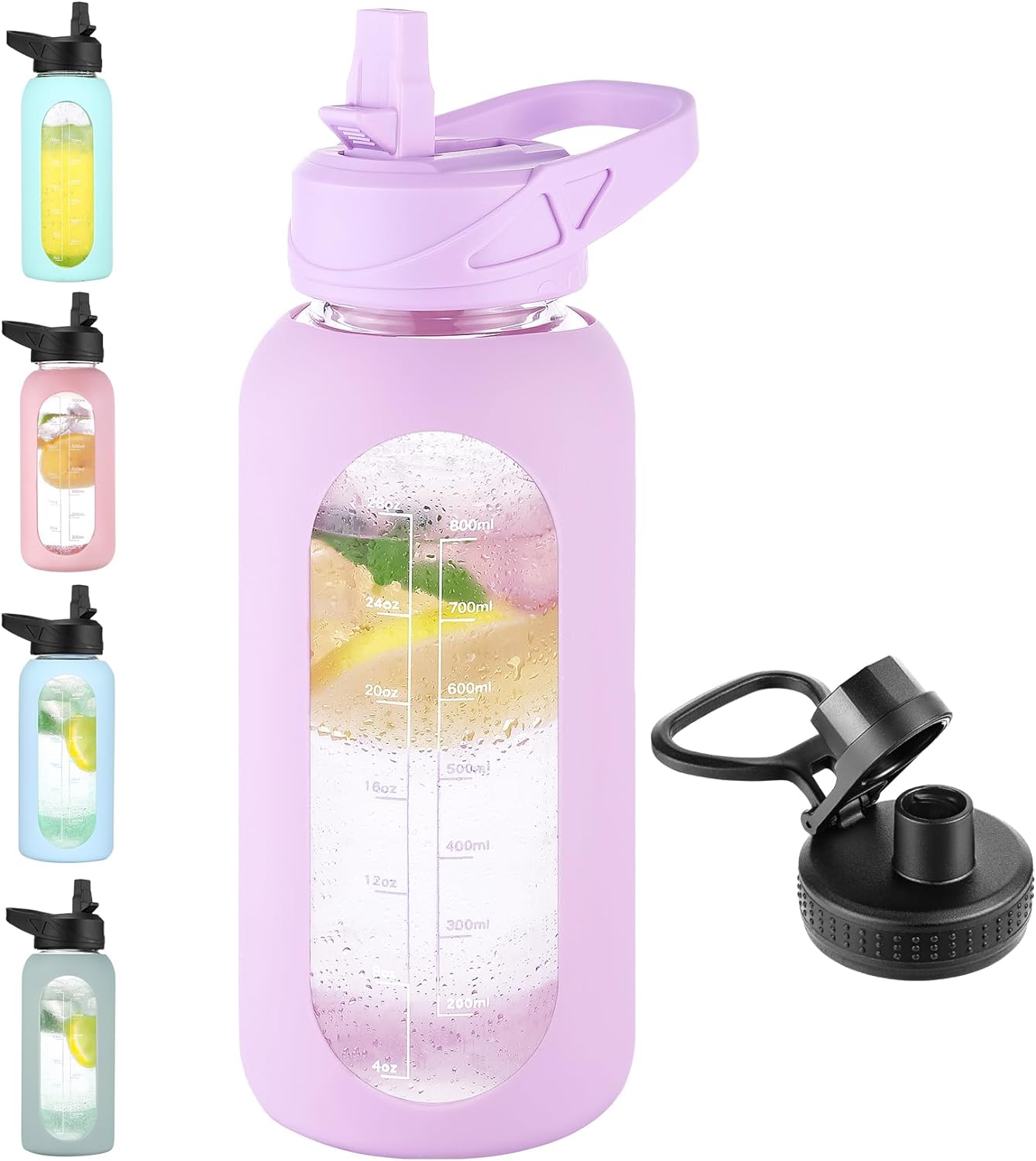 32 oz Glass Water Bottle with Straw and Handle, Sports Motivational ...