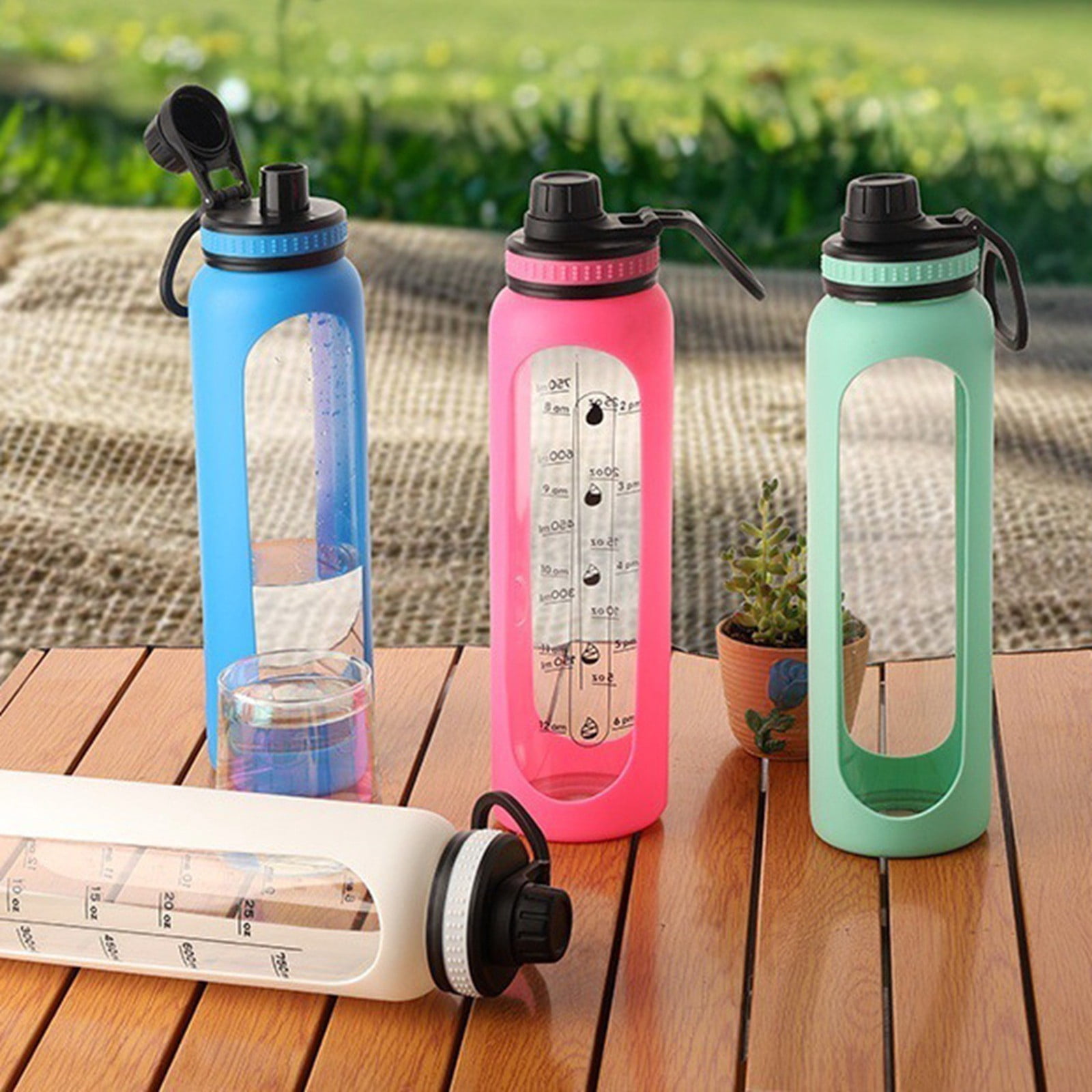 32 oz Glass Water Bottle with Straw and Handle, Sports Motivational Water Flask with Silicone Sleeve, Large Leakproof Water Flask Cup with Time Marker for Travel, Gym