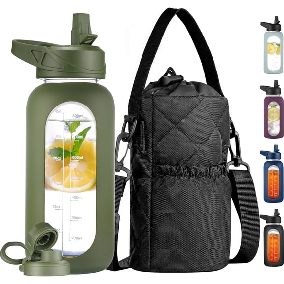 32 oz Glass Water Bottle with Straw and Insulated Bottle Holder Sling, Motivational Water jug with Time Marker and Sleeve, Water Flask with 2 for Walking and Gym Army Green