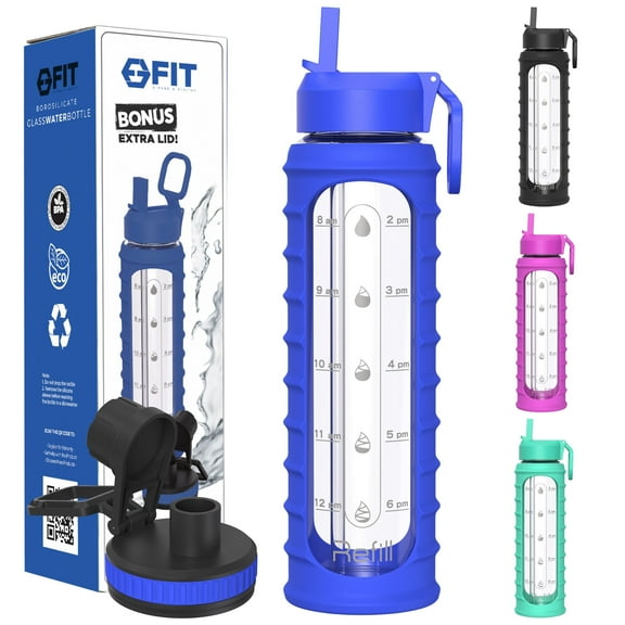 32 oz Glass Water Bottle with Straw Lid, Time Marker, Sleeve & Extra Lid - Motivational, Wide Mouth Glass Drinking Bottle, Waterbottle (Royal Blue Ribbed Sleeve)