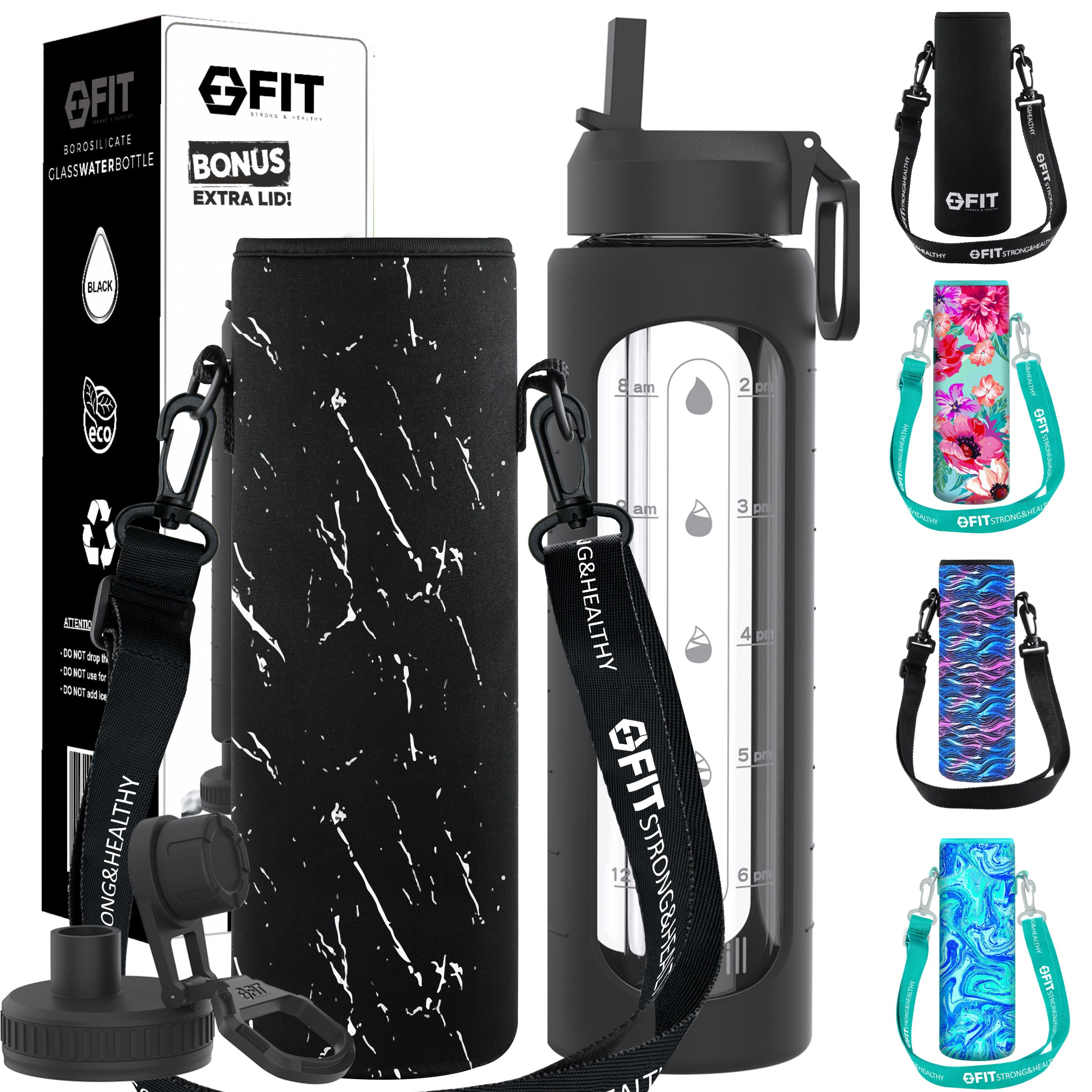 32 oz Glass Water Bottle with Time Marker Reminder and Carrier - Reusable,  Wide Mouth, Leakproof, Glass Drinking Bottle, BPA Free, Motivational Water  Bottles (Black, White Marble Carrier) - Walmart Business Supplies