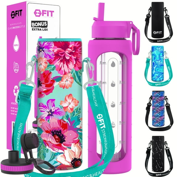 32 oz Glass Water Bottle with Time Marker Reminder and Carrier - Reusable, Wide Mouth, Leakproof, Glass Drinking Bottle, BPA Free, Motivational Water Bottles (Purple, Floral Carrier)