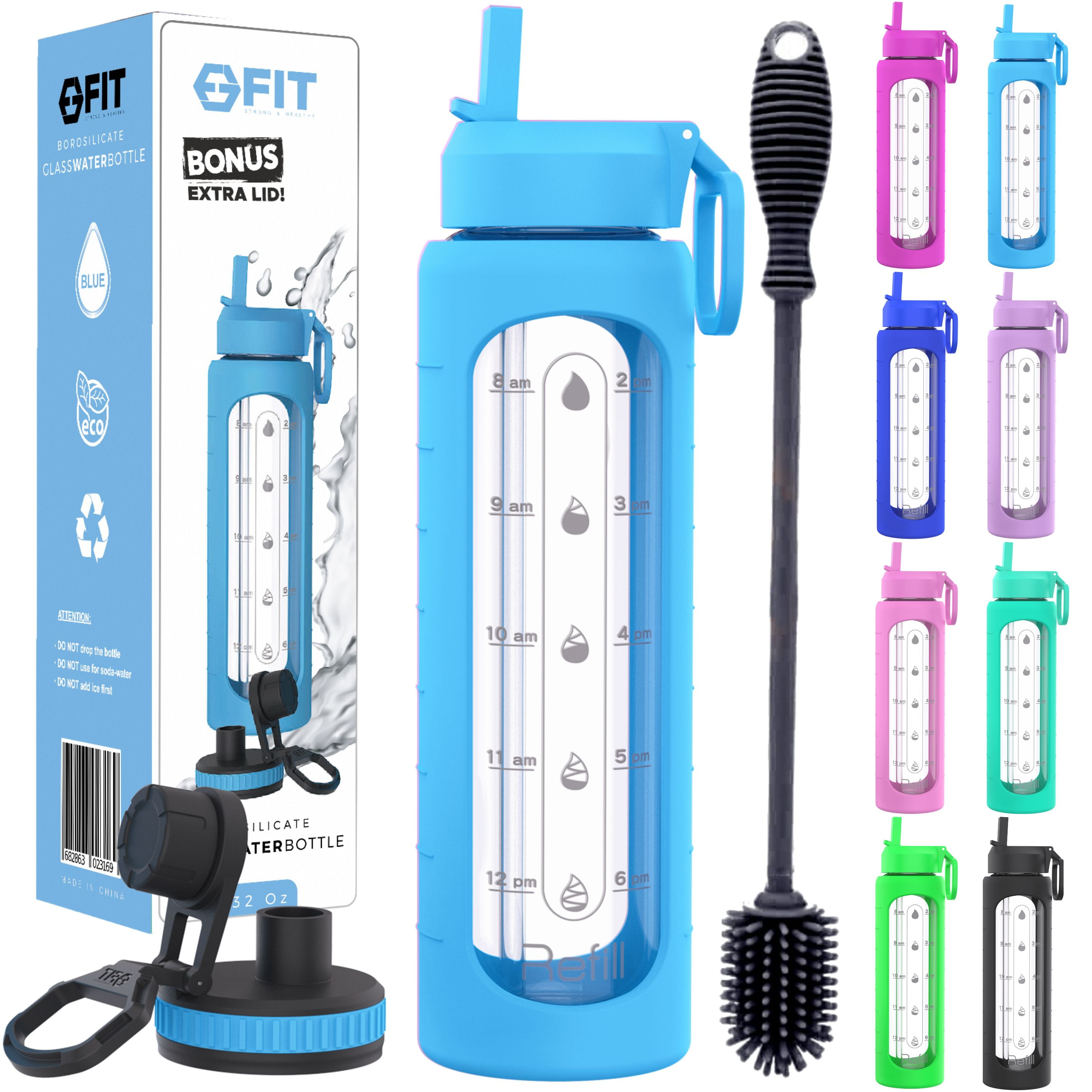 GIEMIT Glass Water Bottles 32oz with Silicone Sleeve Drinking Hydration  Bottles Reusable BPA Free Borosilicate Wide Mouth Motivational Water Bottles  with Daily Time Marker Spout Lid & Brush (Blue) 