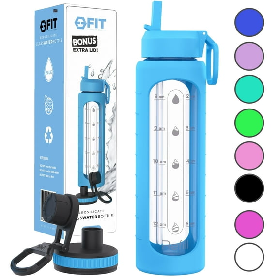 32 oz Glass Water Bottle with Time Marker Reminder and Silicone Sleeve (Blue) - Reusable, Wide Mouth, Leakproof, 1 Liter Glass Drinking Bottle, BPA Free, Motivational Water Bottles for Hydration