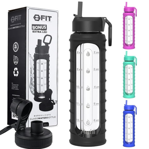 32 oz Glass Water Bottle with Straw Lid, Time Marker, Sleeve & Extra Lid - Motivational, Wide Mouth, Large, Clear, Handle (Black Ribbed Sleeve)