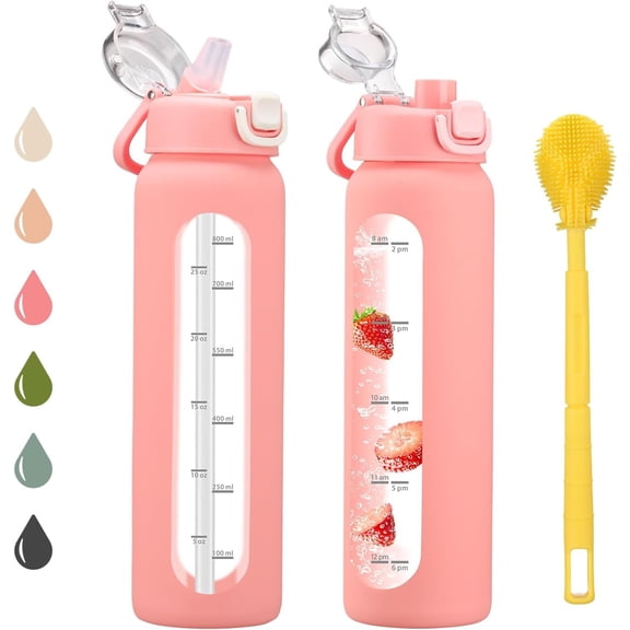 32 oz Glass Water Bottles with 2 -Handle Spout Lid & Straw Lid, 1 Liter Motivational Borosilicate Water Bottle with Time Marker and  Sleeve,Leakproof--1 Pack