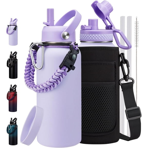 32 oz Insulated Water Bottle with Straw & Auto Spout Lid, Bottle Sleeve with Strap, Paracord Handle, 32oz Flask Metal Water Canteen, Stainless Steel Water Jug for Gym Woman Girls