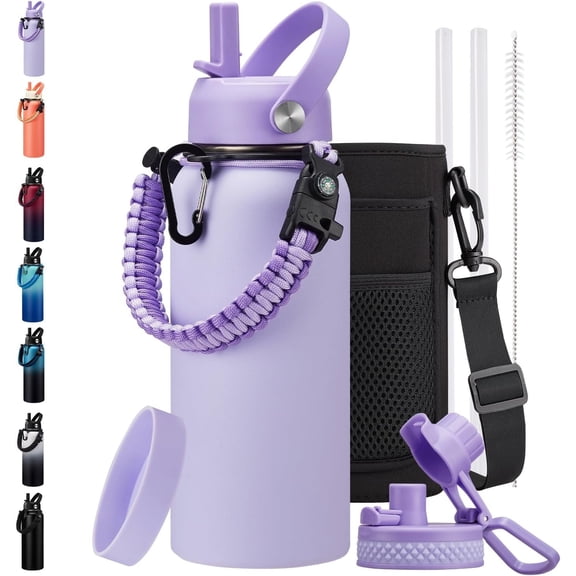 32 oz Insulated Water Bottle with Straw - Pop-up Spout Lid, Paracord Handle, Carrier Bag with Strap, Leak Proof Stainless Steel Water Bottle 32oz, Cold Flask Jug for Traveling Hiking