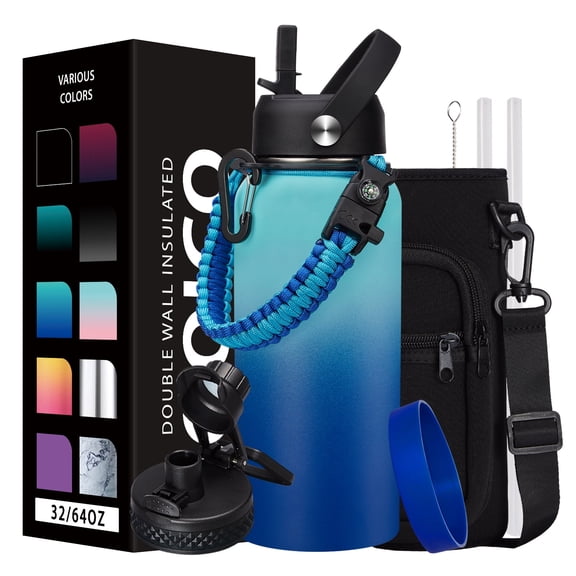 32 oz Insulated Water Bottle With Straw, Stainless Steel Sports Gym Water Cup with 2 Lids (Straw, Spout) Wide Mouth Travel Thermal Flask w/ Carrier Pouch & Paracord Handle
