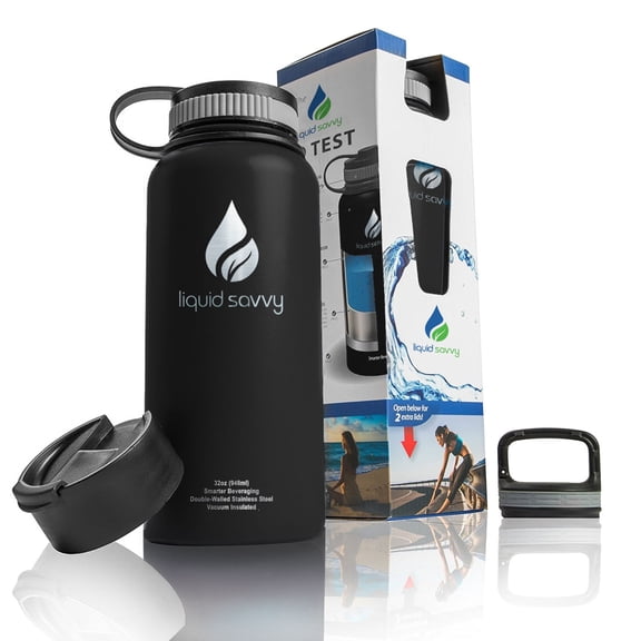 32 oz Insulated Water Bottle with 3 lids - Stainless Steel, Wide Mouth Double Walled Vacuum Bottle for Hot and Cold Beverages by Liquid Savvy.