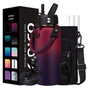 32 oz Insulated Water Bottle with Straw - Spout Lids, Paracord Handle, Shoulder Carrier Bag, Stainless Steel Sport Water Bottle Metal Flask