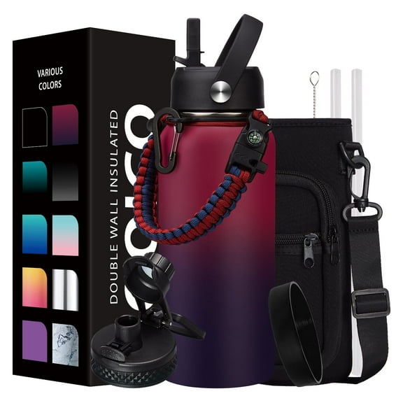 32 oz Insulated Water Bottle with Straw - Spout Lids, Paracord Handle, Shoulder Carrier Bag, Stainless Steel Sport Water Bottle Metal Flask