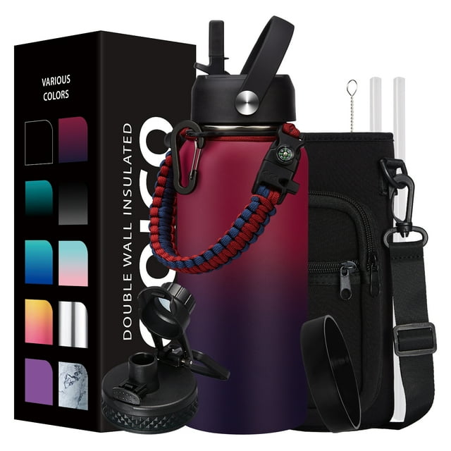 32 oz Insulated Sports Water Bottle with Straw, Spout Lids, Handle, Bag, Stainless Steel Flask