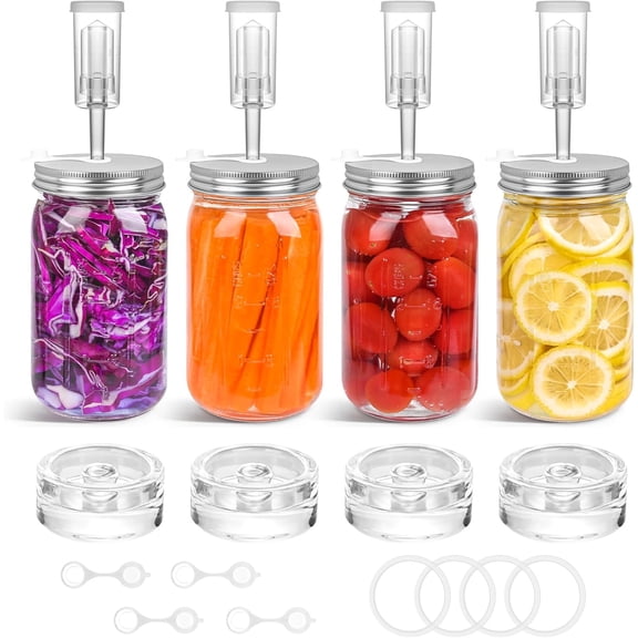 32 oz Mason Jar Fermentation Kit 4 Pack(Jar Included),Sauerkraut/Pickling Kit with 4 Pack Fermenting Jars, Glass Fermentation Weights,Fermentation Lids,Airlocks,Silicone Gaskets and Silicone Grommets