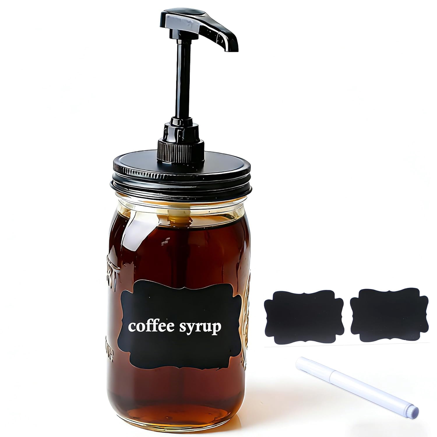32 oz Mason Syrup Sauce Honey Dispenser Pump Bottle 1 Quart Wide Mouth Glass Coffee Condiment Ketchup Container For mayo, maple syrup, mustard, salad dressing Food Grade Airtight & Leak-Proof