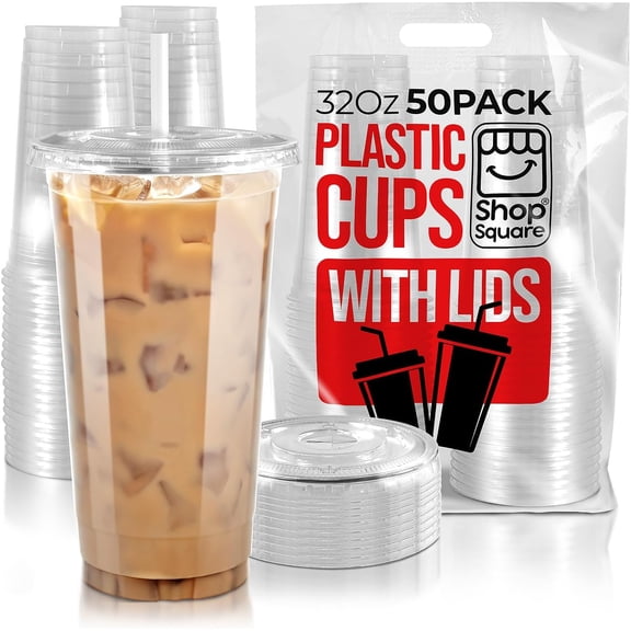 32 oz Plastic Cups with Lids (50 Pack) - Disposable Clear Cups for Iced Coffee, Boba, Milk Tea, Smoothies, and Fruit Shakes for Parties, Cafes, Restaurants