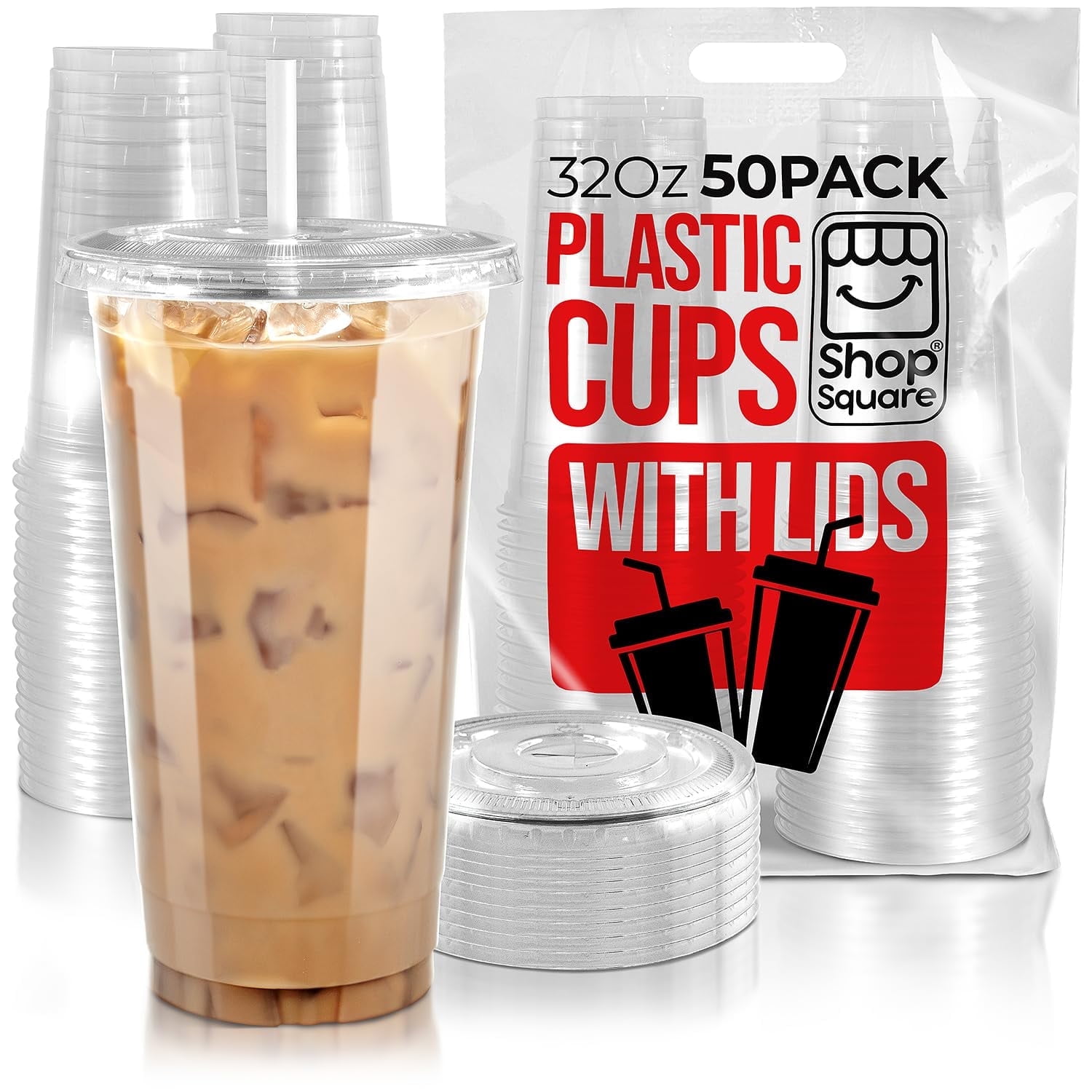 32 oz Plastic Cups with Lids, 50 Pack - Disposable Iced Coffee Cups, Milkshake Cups, Boba, and Smoothies