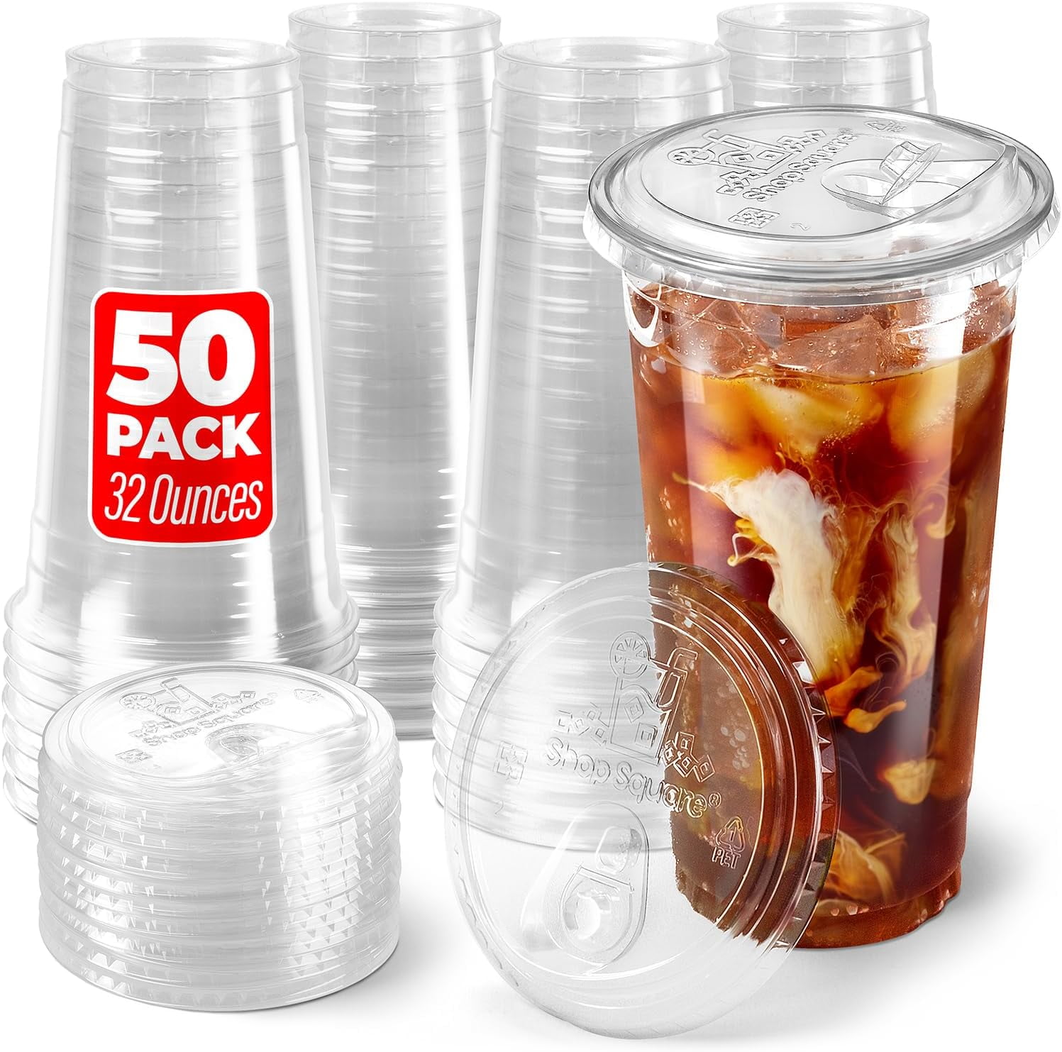 32 oz Plastic Cups with Strawless Sip Lids (50 Pack) - Disposable Clear Cups for Iced Coffee, Boba, Milk Tea, Smoothies, and Fruit Shakes