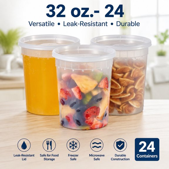 32 oz Plastic Deli Food Storage Containers 24 Sets with Airtight Lids Clear Quart Disposable Soup Containers Freezer Safe Stackable Leakproof BPA Free