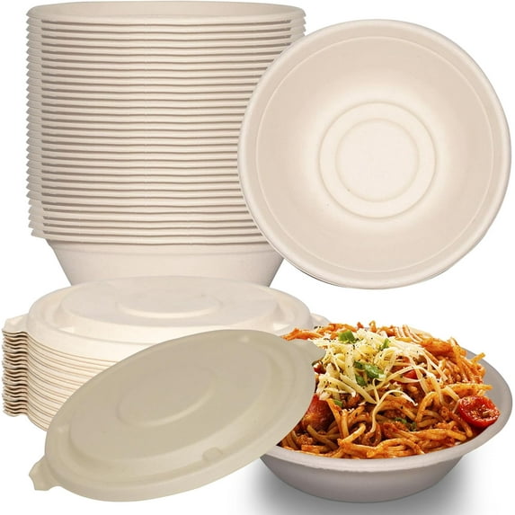 32 oz Round Disposable Compostable Paper Bowls with Fiber Dome Lids - Heavy-Duty, Eco-Friendly Natural Bagasse Unbleached, Heat Resistant, 100% Biodegradable Salad Bowls Alternative to Plastic (100)