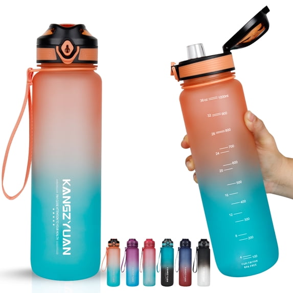 32 oz Water Bottle with Scale Marker, 1Liter Large Capacity Motivational Water Bottles -Yellow/Navy Gradient