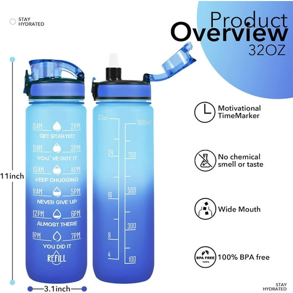 32 oz Water Bottles with Straw & Strap, Motivational Water Bottles with Times to Drink, BPA Free Reusable Sports Water Bottle with Sleeve Carrier for Hiking, Travel, Running or Fitness
