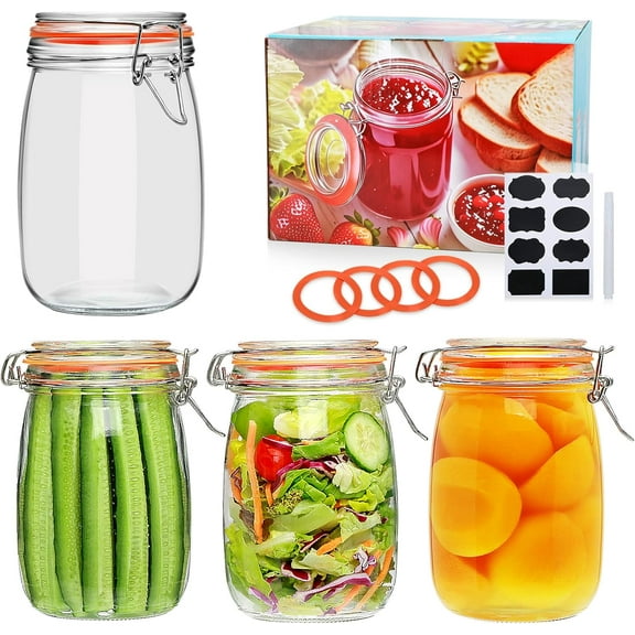 32 oz Wide Mouth Mason Jars with Airtight Hinged Lids, Large Glass Jar with Lid for Pickling, Fermentation, Canning, Food Storage  Set of 4 Glass Storage Containers