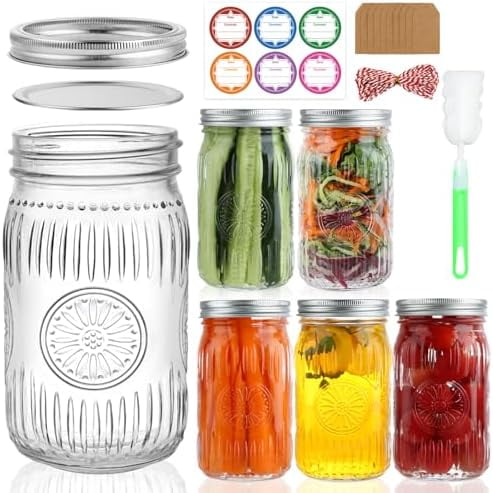 32 oz Wide Mouth Mason Jars with Lids and Bands, 6 Pack Quart Canning Jars, Embossed Glass Mason Jars for Centerpieces, Preserving, Pickling, Meal Prep, Jam, DIY Crafts$$Home Decor, Kitchen, & Other