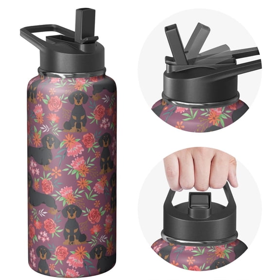 32 oz Wide Mouth Water Jug Stainless Steel Dog Themed Handle Lid Vacuum Insulated Leak Proof Hot 12H