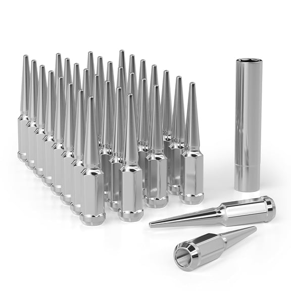 32 pcs Chrome M14x1.5 Spike Wheel Lug Nuts, Closed End Spike Lug Nuts with 1 Socket Key, Conical Bulge Seat, Fit for Silverado, Sierra, Ram 1500 2500 3500 F250 F350