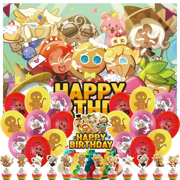32 pcs For Cookie Run Kingdom Games Theme Birthday Party Supplies Set,With 5x3ft Birthday Backdrop Decorations,18 Balloons,13 Cupcake Toppers,All-in-One Party Kit