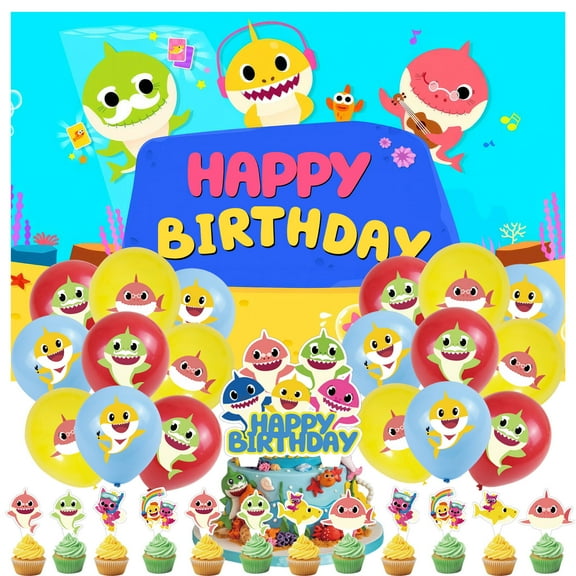 32 pcs For Shark Cartoon Theme Birthday Party Supplies Set,With 5x3ft Backdrop,18 Balloons,12 Cupcake Toppers,1 Cake Topper for Party Supplies Set