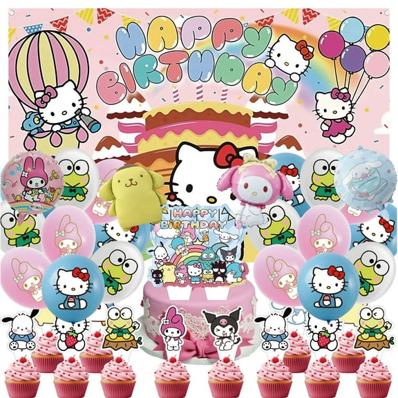 32 pcs For Hello Kitty Cartoon-Themed Birthday Party Supplies Set,With 5x3ft Birthday Backdrop Decorations,22 Balloons,13 Cupcake Toppers for Celebratory Occasions