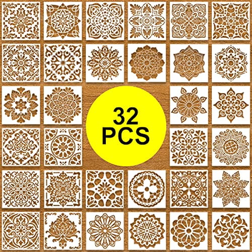 32 Pcs Mandala Stencils, Stencils for Painting on Wood (6 x 6 inch) , Rangoli Stencils, Art Supplies, Flower Stencils Painting Template for Floor Wall
