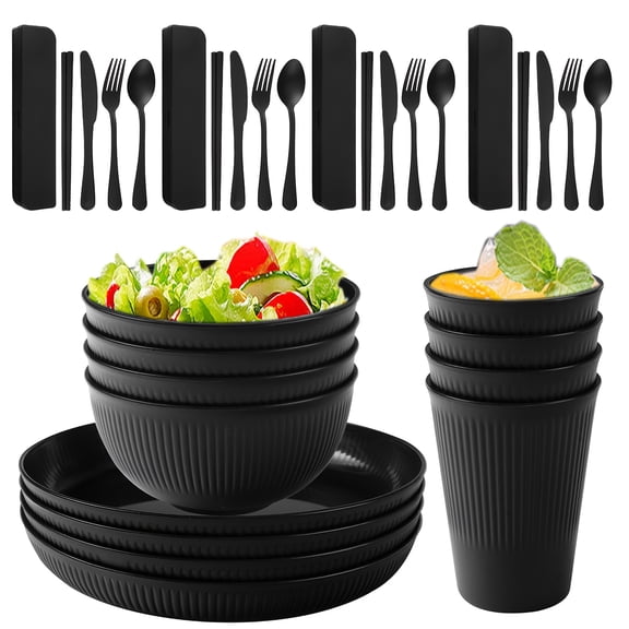 32 pcs Wheat Straw Utensil Set, Shatterproof Utensil Set, Kitchen Plate and Bowl Set, Shatterproof Plastic Outdoor Camping Utensils, Dishwasher and Microwave Safe, Black