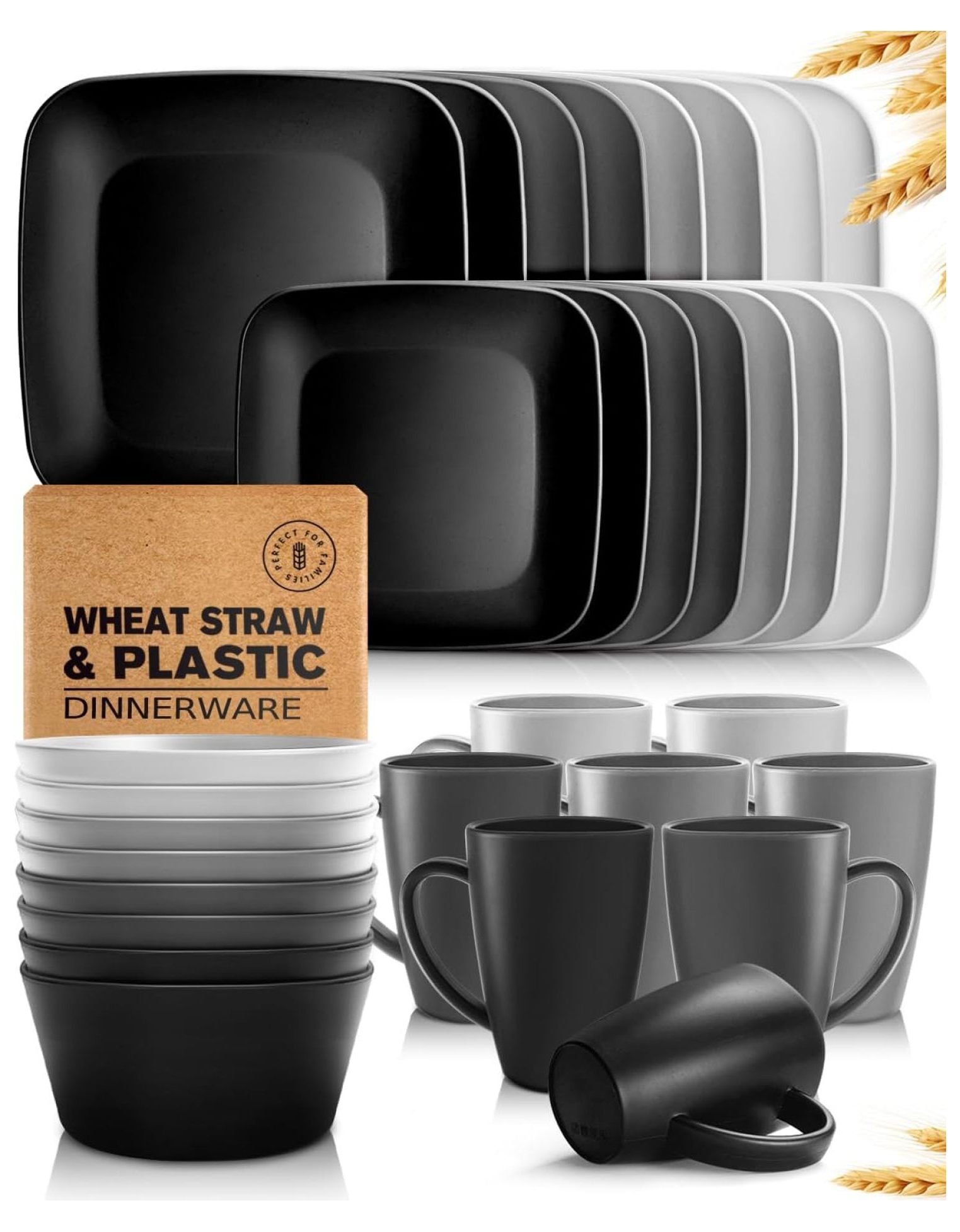 32piece Kitchen Plastic Wheat Straw Squircle Dinnerware Set for 8