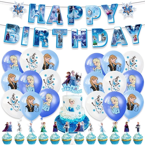 32 pieces of Frozen party set, frozen theme series, suitable for environmental and atmosphere decoration of festival and birthday parties, with flag cake insertion