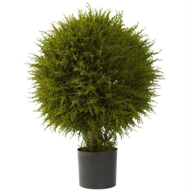 32'' Green Silk Cedar Ball Topiary in Black Planter