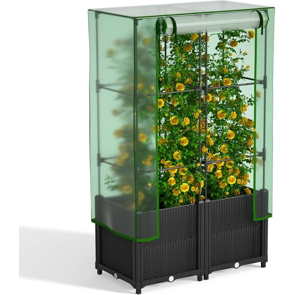 32'' x 16'' x 55.5'' Plastic Raised Garden Bed with Greenhouse Cover and Trellis, Vertical Tomato Planters for Climbing , Self Watering System Tomatoes Cage for Patio, Medium