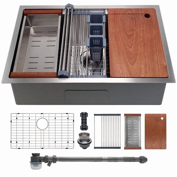 32" x 19" Multifunctional Undermount Workstation Kitchen Sink S304 Stainless Steel Handmade Modern Single Bowl Kitchen Sink with Accessories and Integrated