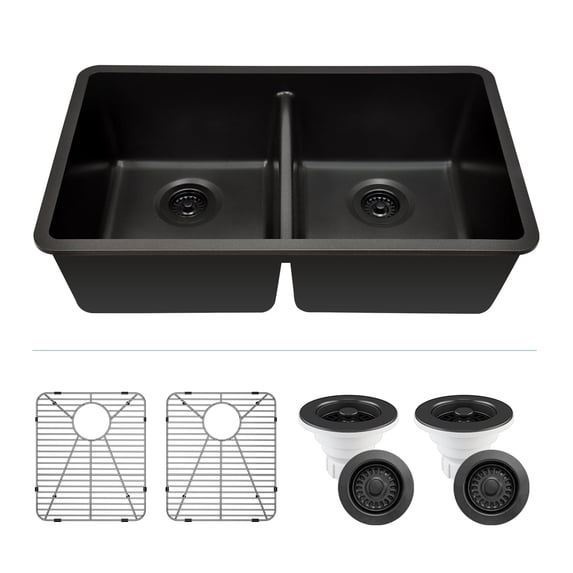 32" x 19" Quartz Kitchen Sink, 50/50 Double Bowl Kitchen Sinks, Drop-in Sink, Undermount Sink, Galaxy Black Kitchen Sink, Double Sink Kitchen, Grids, Strainer and Flange, Lexicon Platinum LP-5050-K