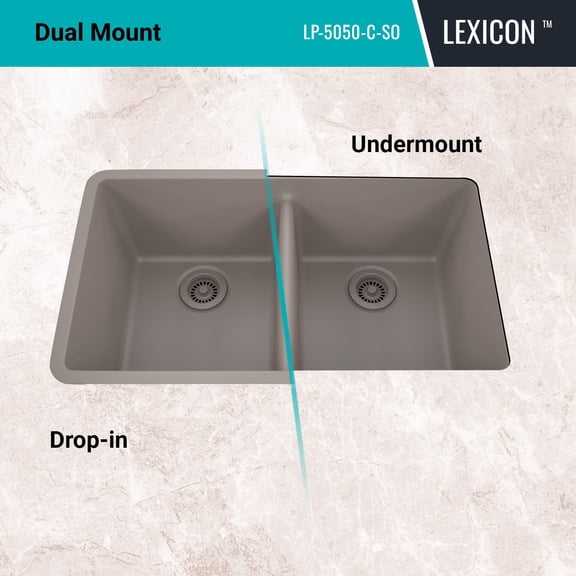 32" x 19" Quartz Kitchen Sink, 50/50 Double Bowl Sink, Drop-in Sink, Undermount Sink, Granite Kitchen Sink, Galaxy Concrete Kitchen Sink by Lexicon Platinum LP-5050-C-SO