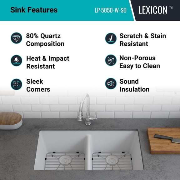32" x 19" Quartz Kitchen Sink, 50/50 Double Bowl Sink, Drop-in Sink, Undermount Sink, Granite Kitchen Sink, White Kitchen Sink, Lexicon Platinum LP-5050-W-SO