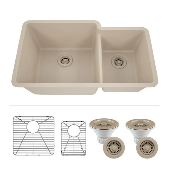 32" x 19" Quartz Kitchen Sink, Double Bowl Sink, Drop-in Sink, Undermount Sink, Granite Kitchen Sink, Galaxy Beige Kitchen Sink, with Steel Grid, Basket Strainer and Flange Lexicon Platinum LP-4060-B